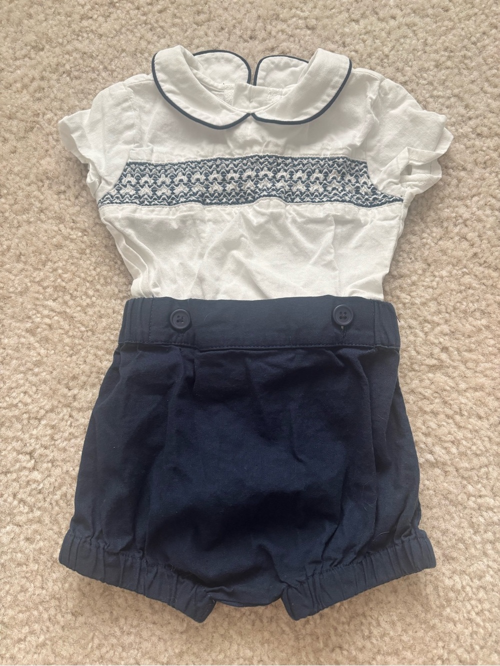 Edgehill Collection White and Navy Smocked One-Piece